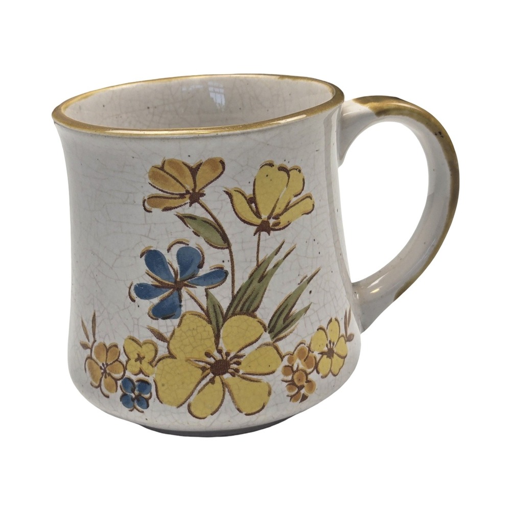 Vintage 70s Floral Ceramic Mug White Yellow Blue Flowers Cup Kitchen Decor